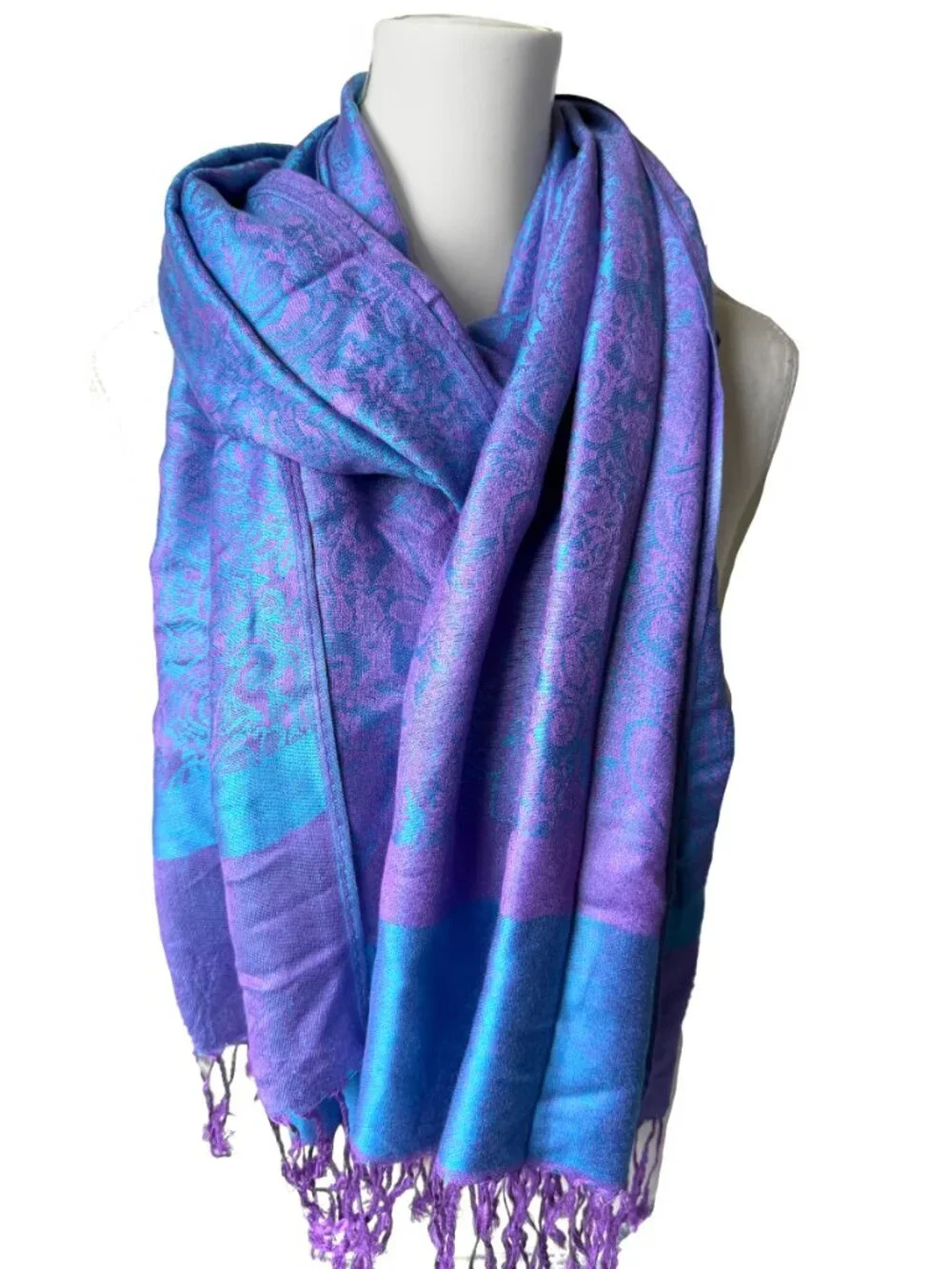 Boho Paisley Pashmina Shawl Scarf – Vibrant Purple & Turquoise Blue – Oversized